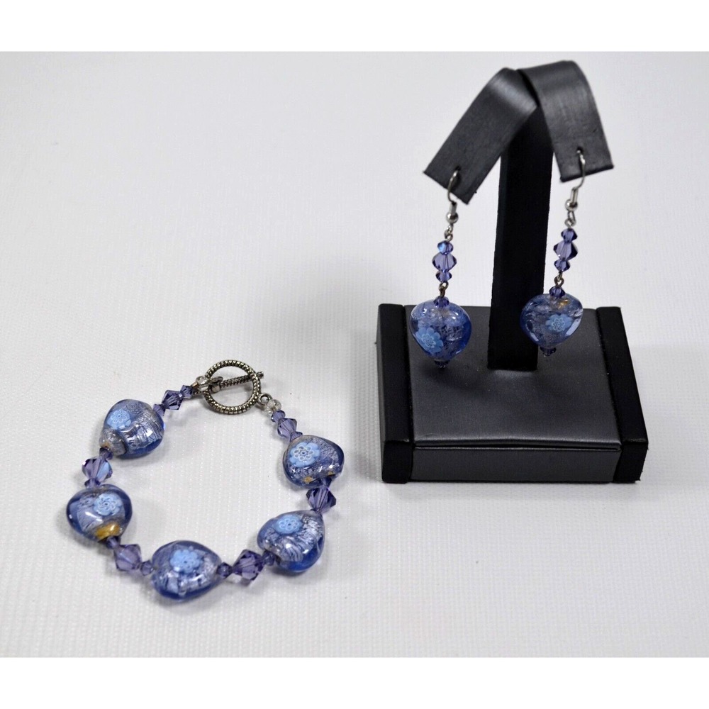 Bracelet and Hook Earring Set Purpleish Blue Hearts